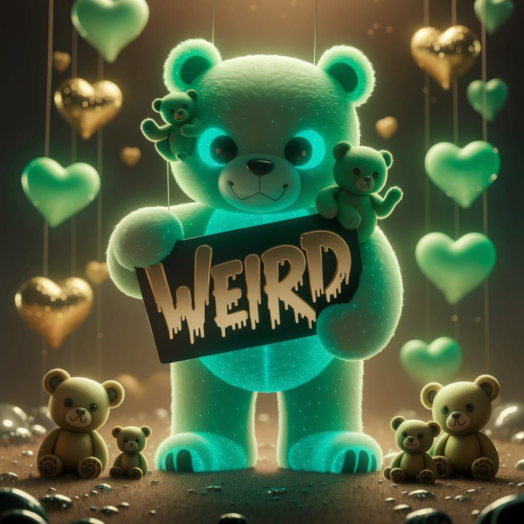 In a hauntingly beautiful illustration, a large, eerie green luminescent teddy bear stands prominently, clutching a gian...