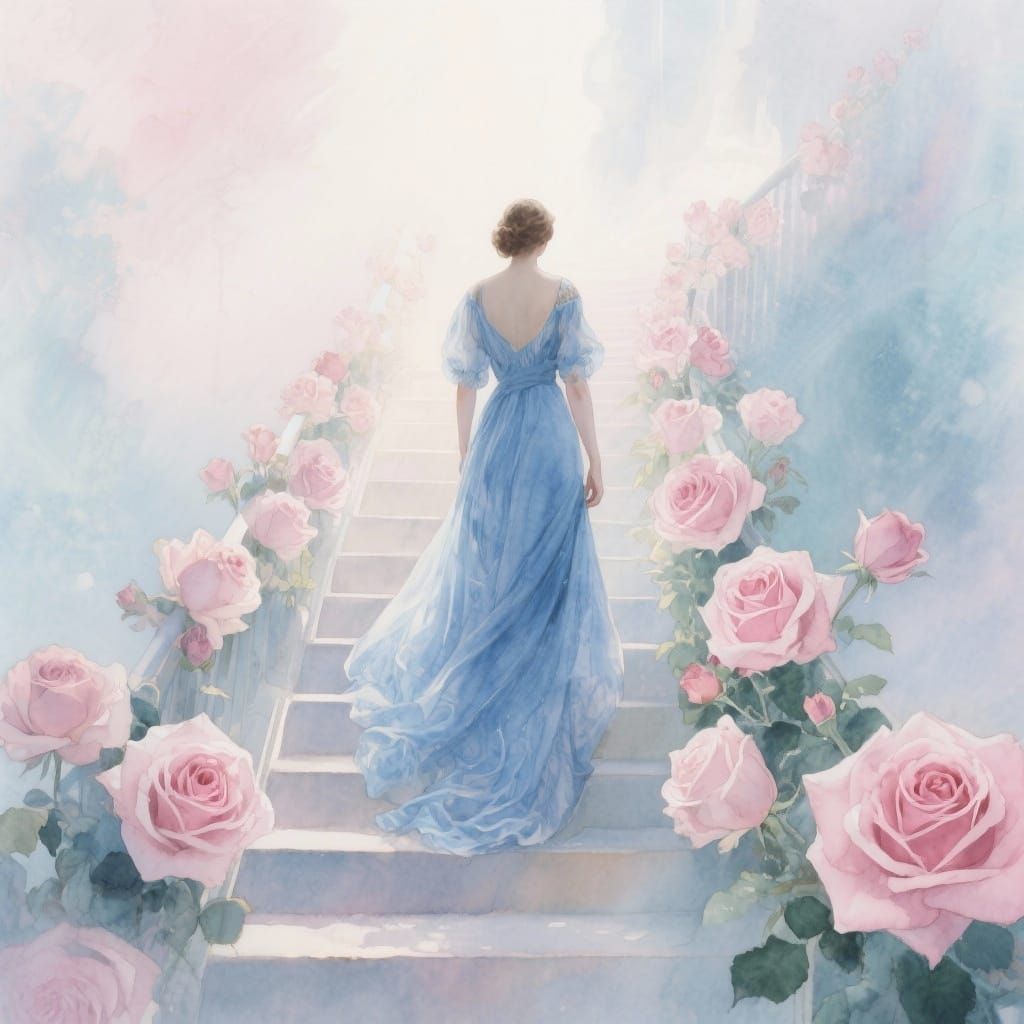 Elegant Woman in Blue Gown Ascends Rose-Lined Staircase