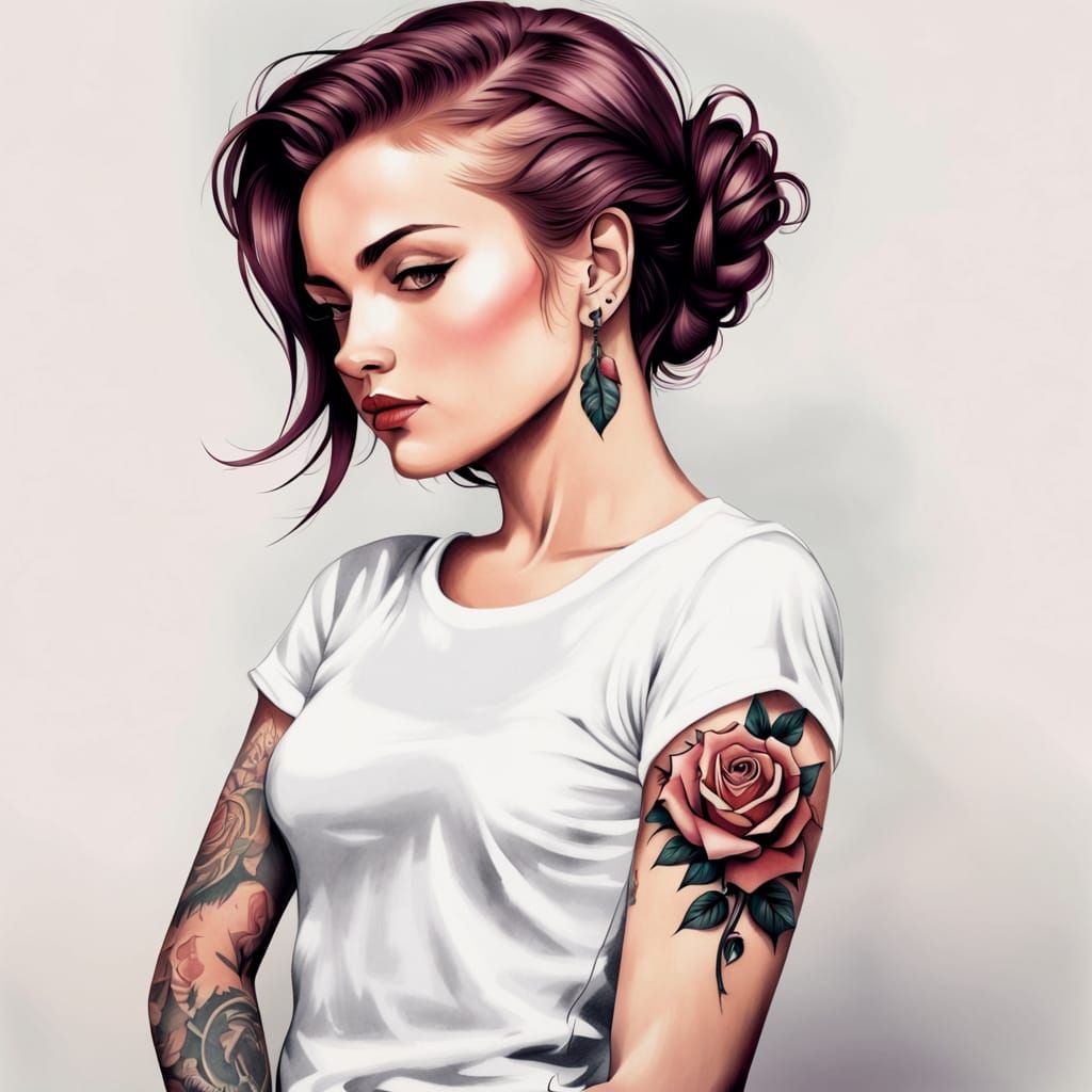 Retro Ink Drawing of Woman with Rose Tattoo