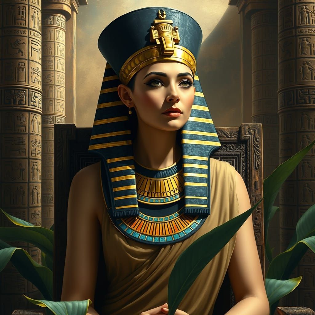 Regal Female Pharaoh in Golden Headdress and Ornate Egyptian...