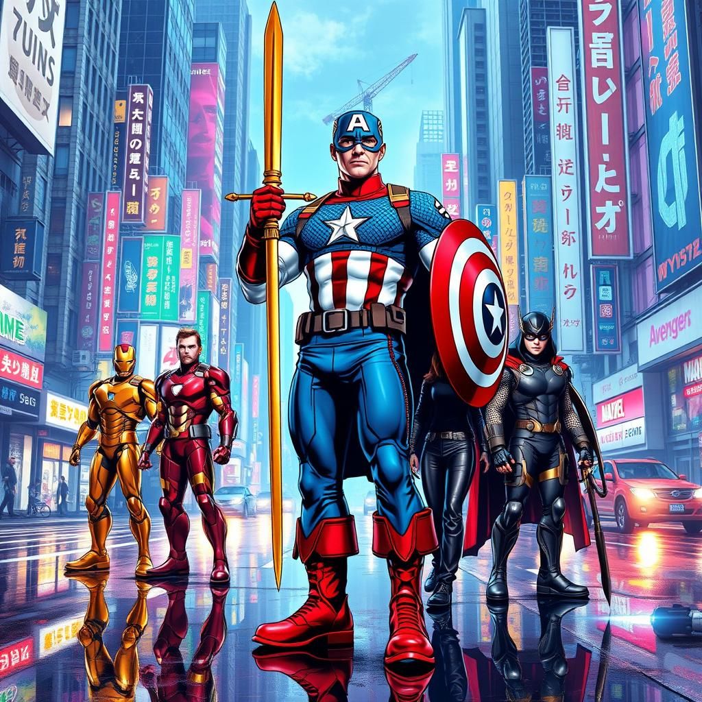 Captain America with Excalibur in Tokyo, Synthwave Style