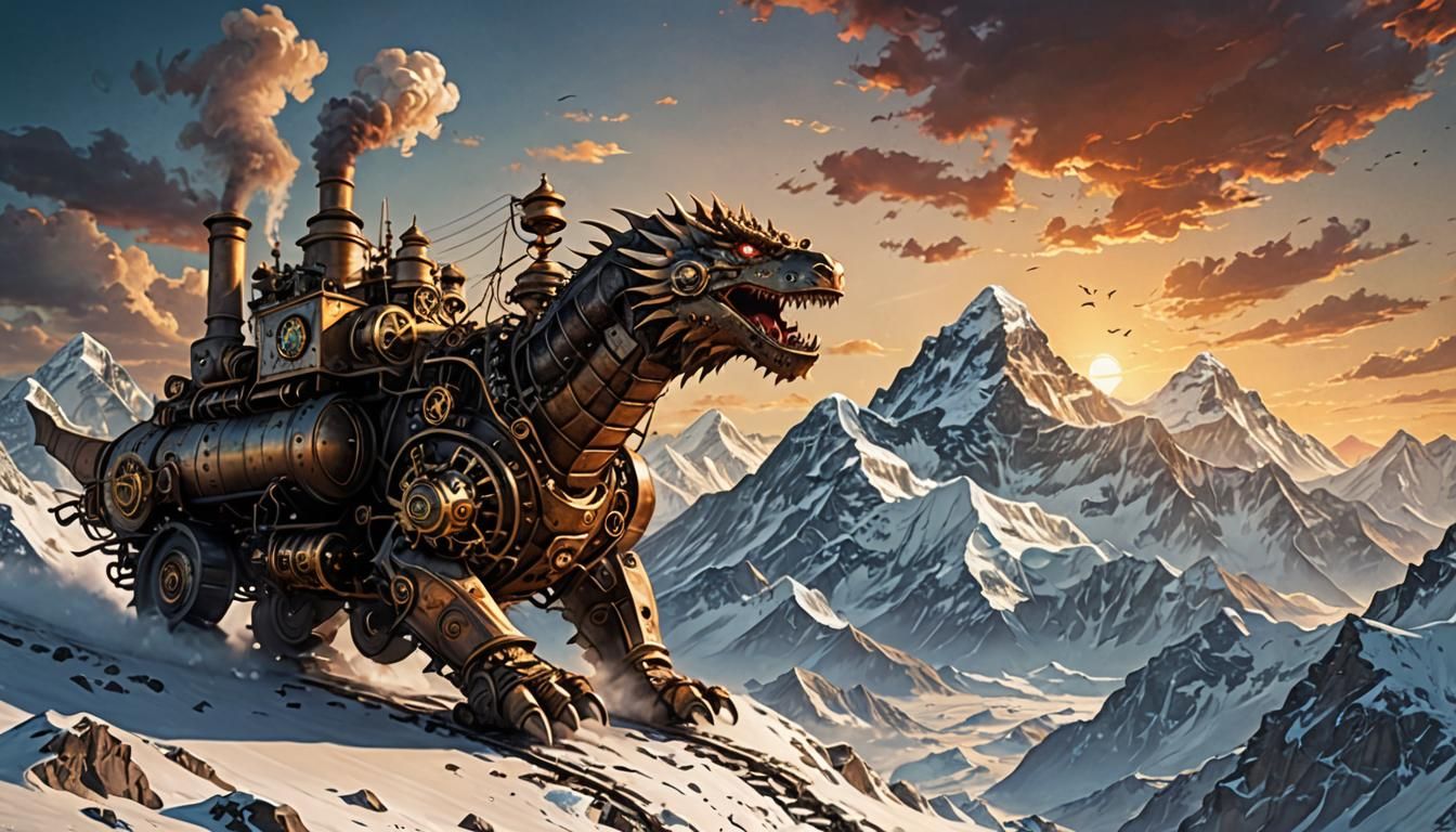 Steampunk Dragon Sunset Over Snowy Hills