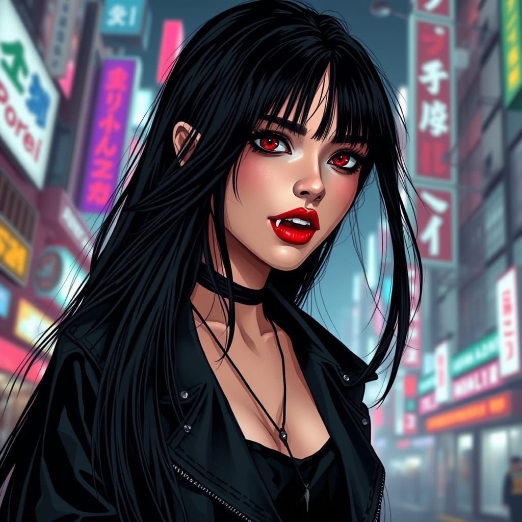 Cyberpunk Vampire with Fangs in Neo Tokyo