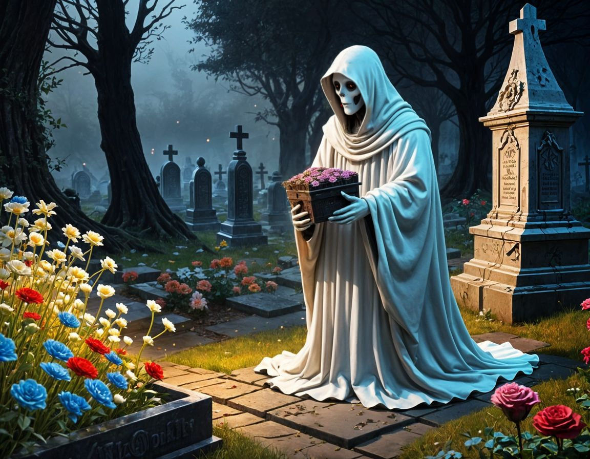 Cute Ghost Visits Grave With Chocolate and Flowers
