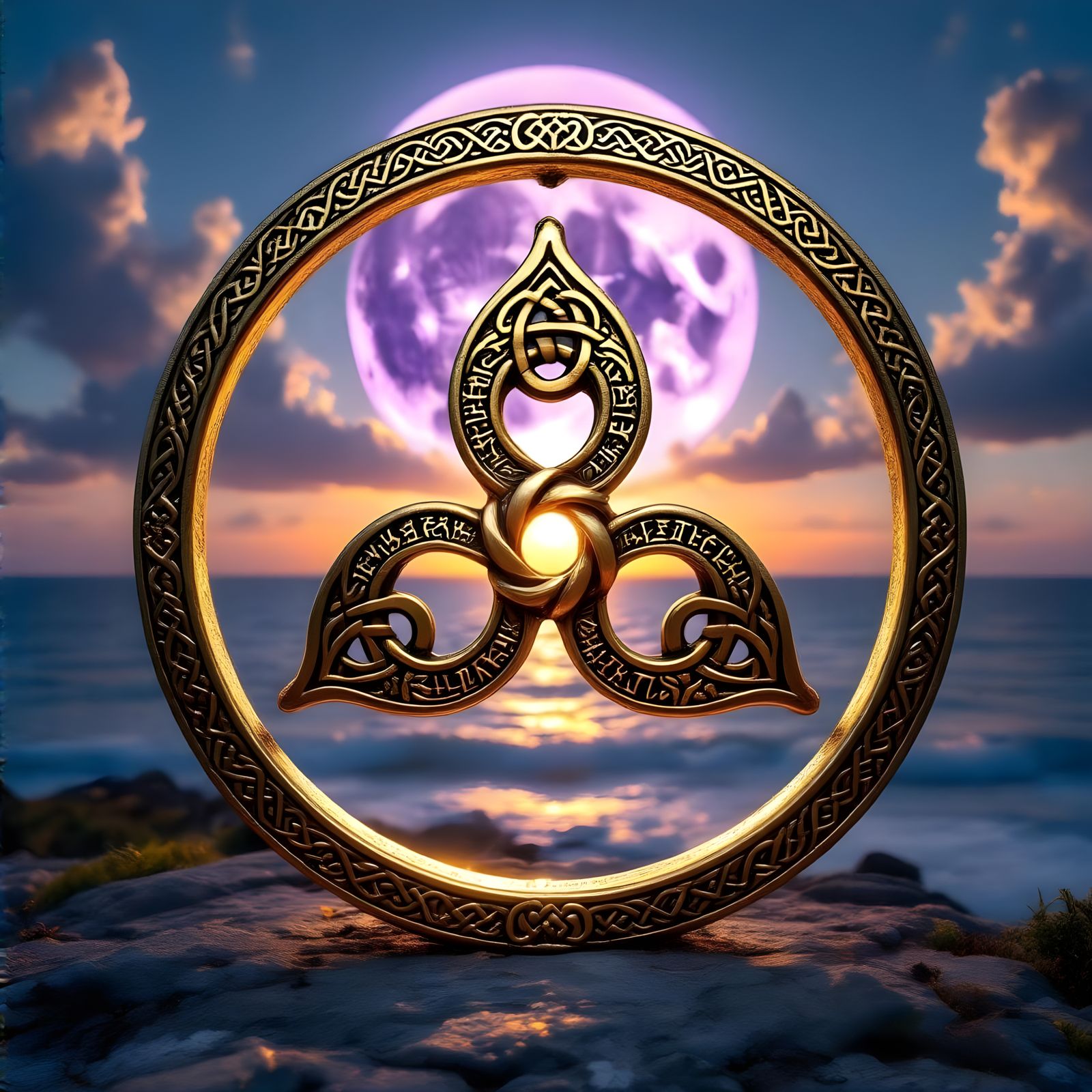 Bronze Celtic Triskele Under Violet Moon