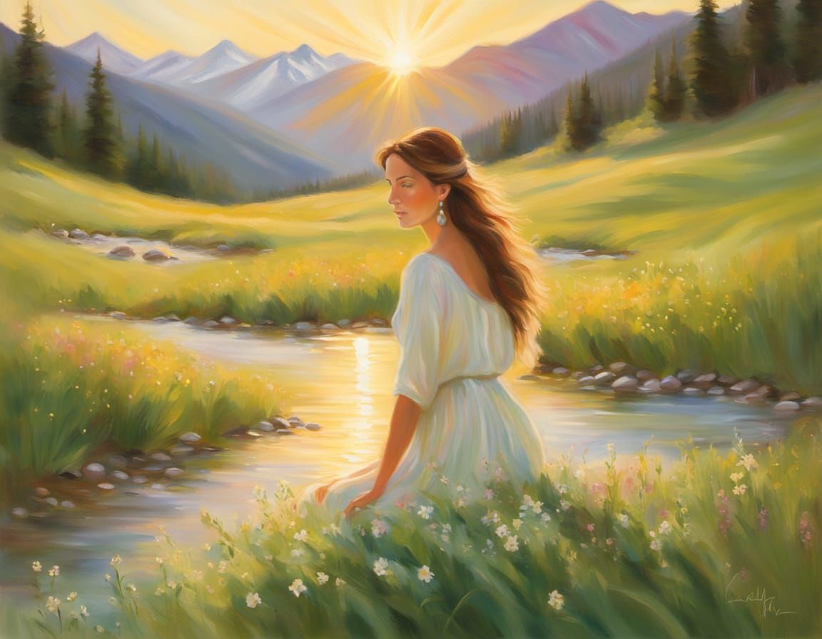 Woman in Alpine Stream: Ethereal Impressionist Painting