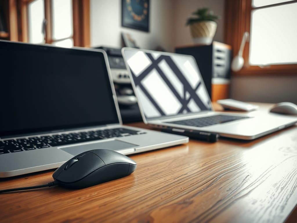 Vintage Office Scene with Mouse and Laptops