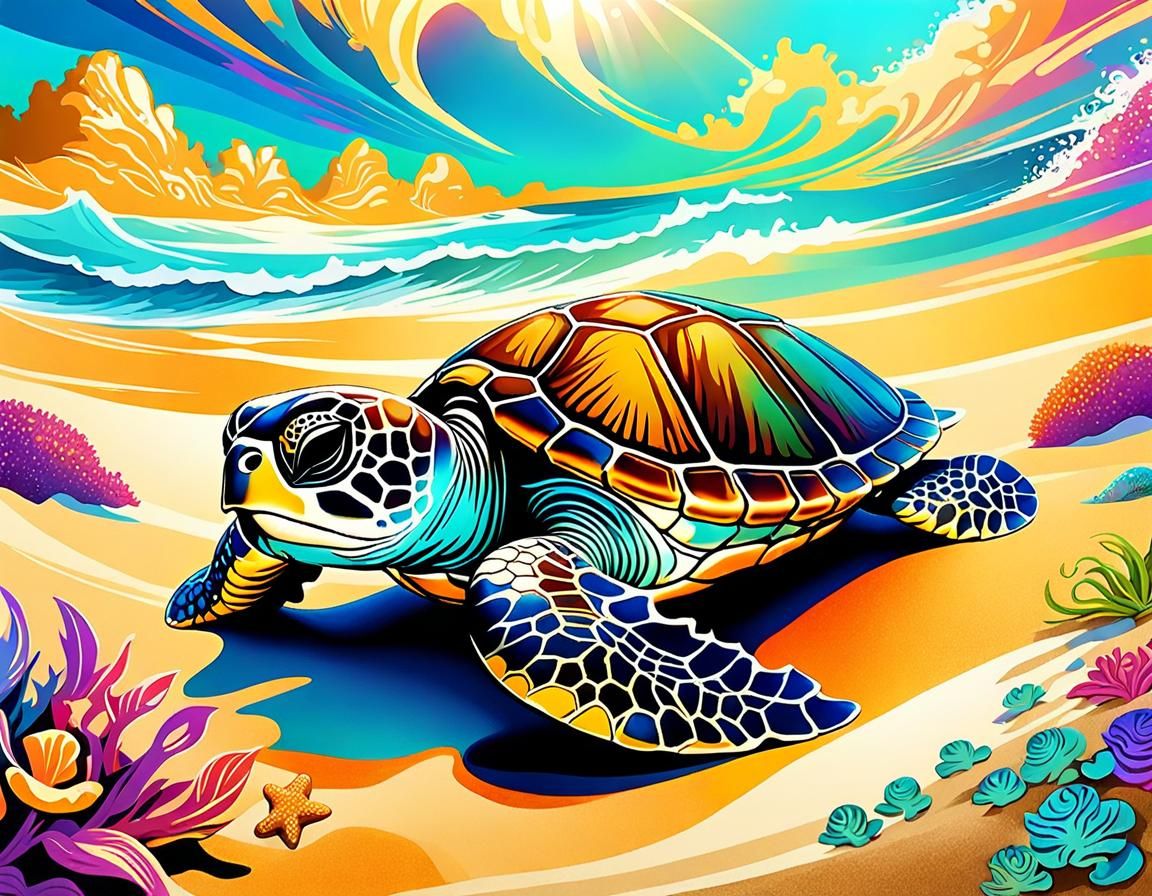 Chibi Sea Turtle Hatchling in Art Nouveau Style