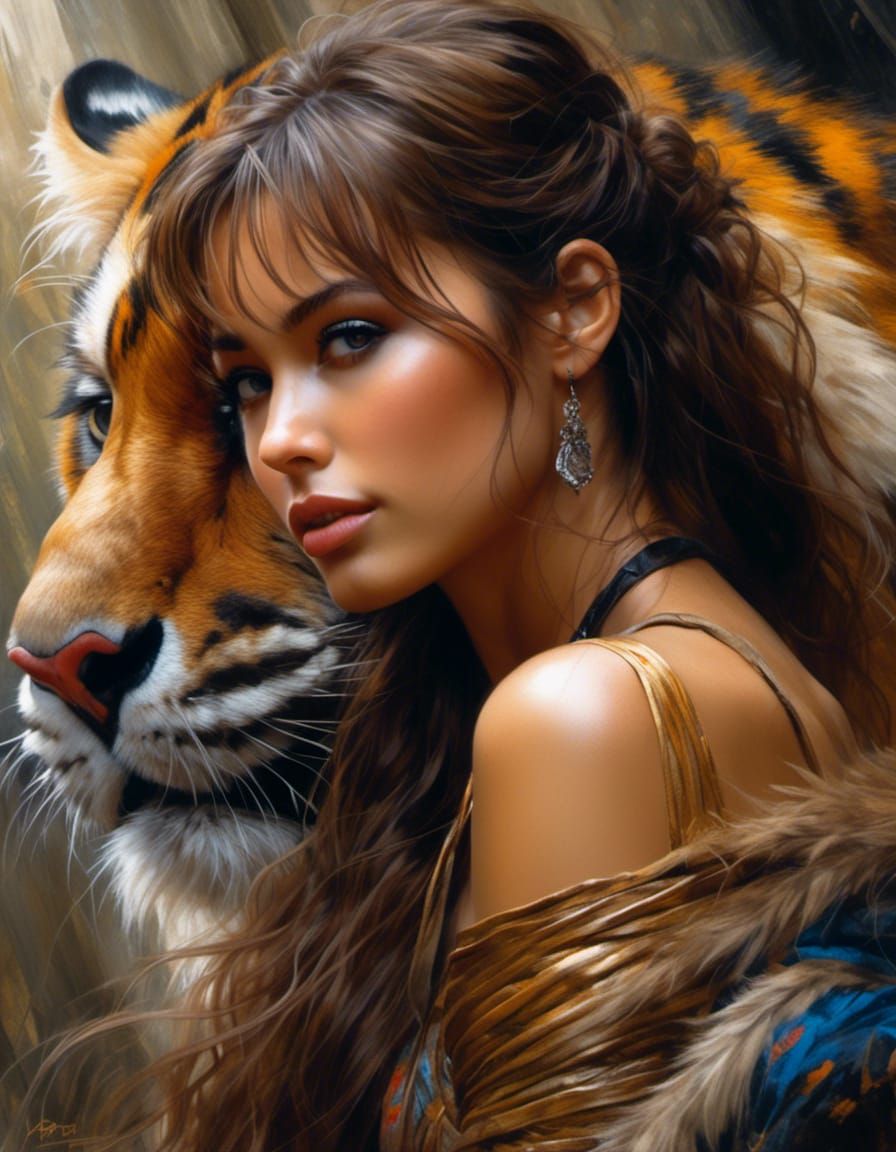 Hyperrealistic Woman and Tiger Painting