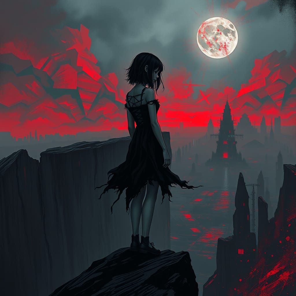 Lonely Goth Girl in Dystopian Landscape