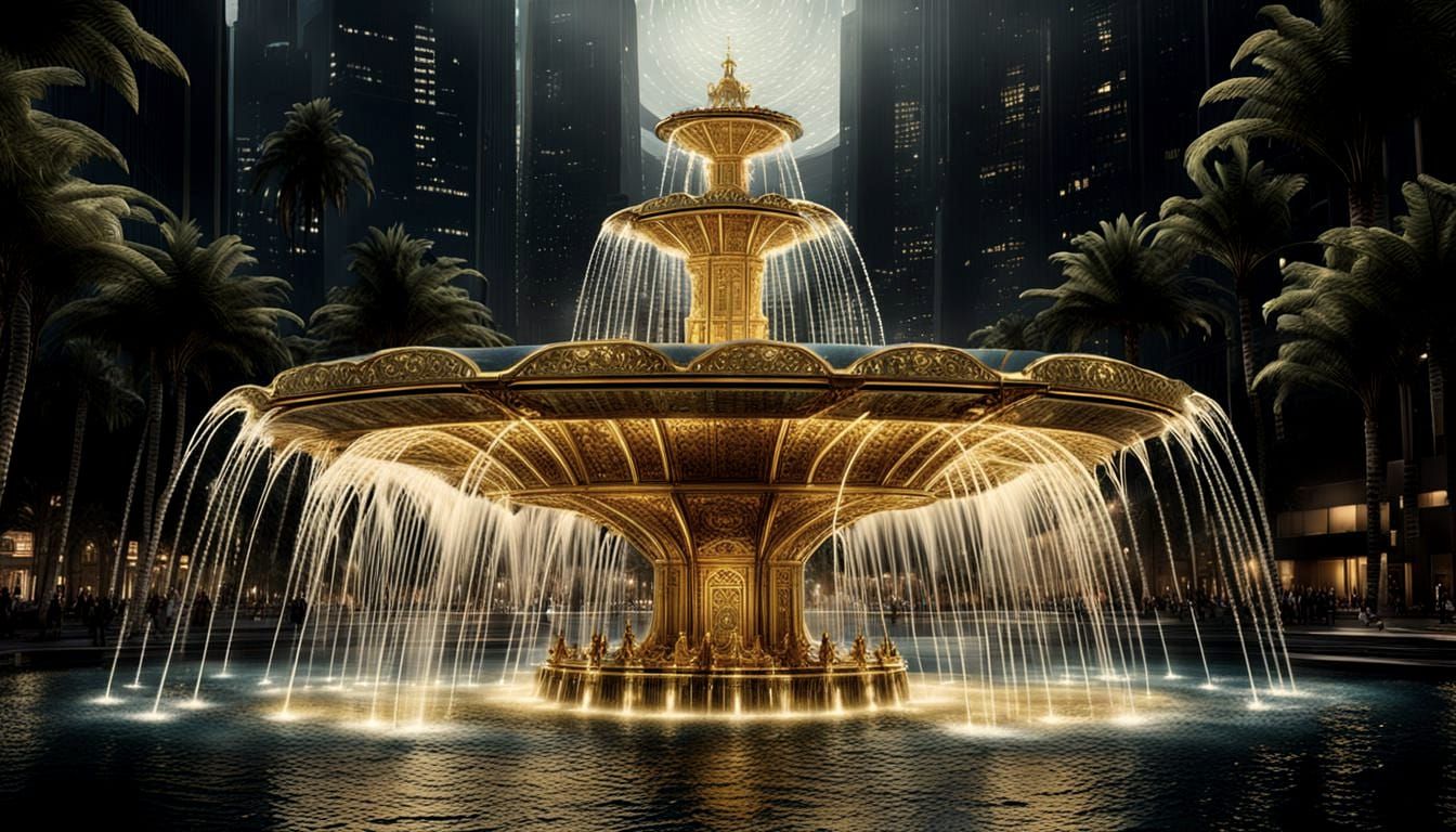 Photorealistic Fountain with Golden Symbols