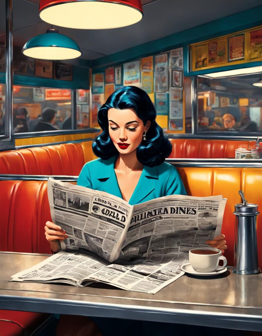 Woman Reading Newspaper in Diner: Comic Book Art