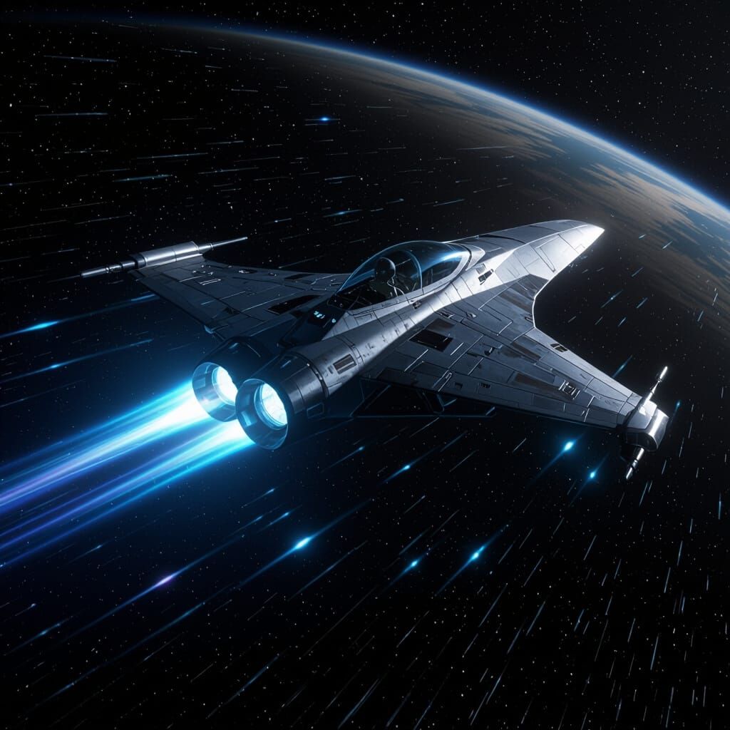 Futuristic Starfighter in Space with Blue Engines