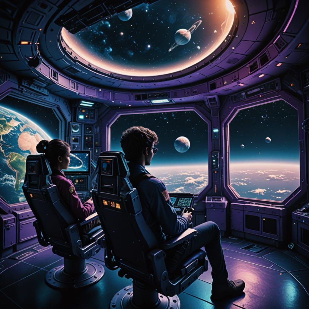 Couple in Intimate Space Moment, Admiring Earth from Orbit