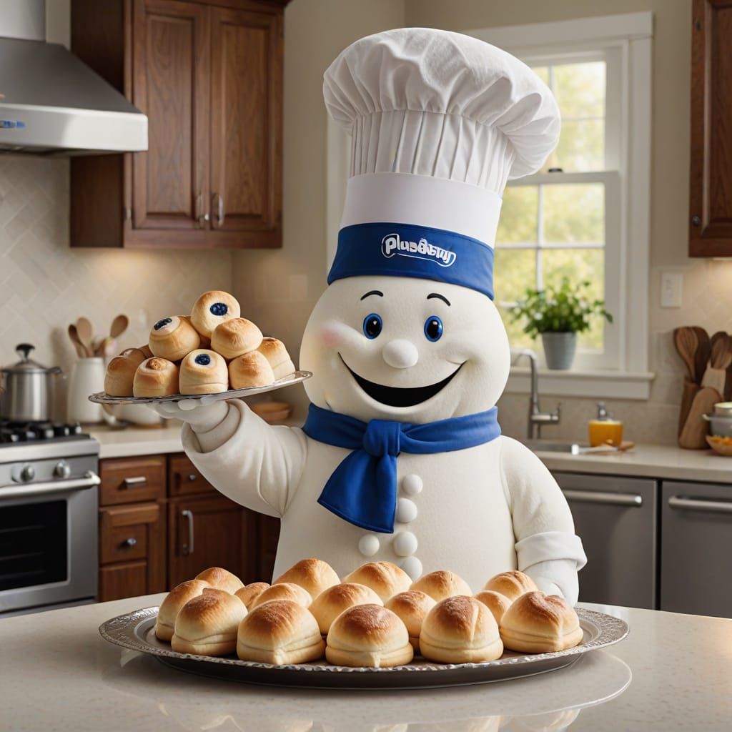 A happy white Pillsbury Doughboy with chef's hat and blue ey...