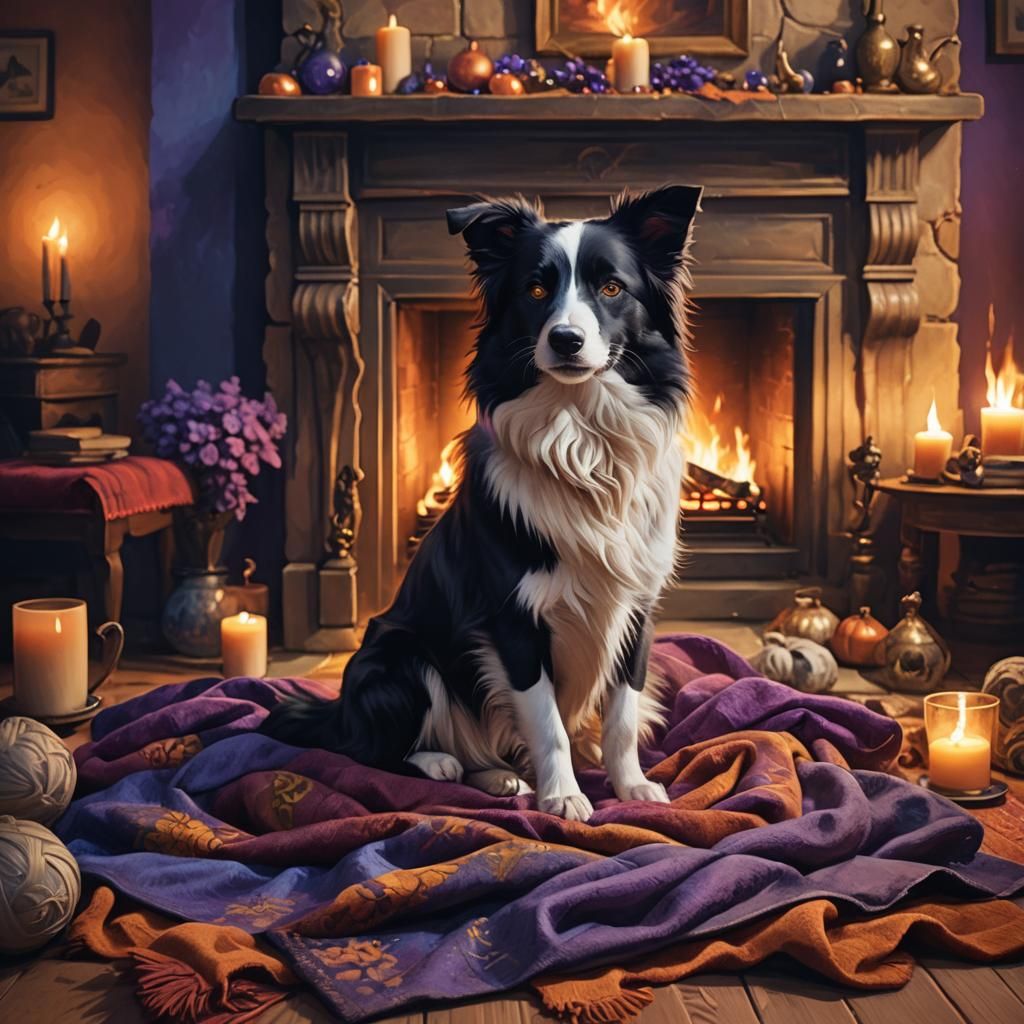 Cozy Cuddle: Collie and Cat Fantasy Art