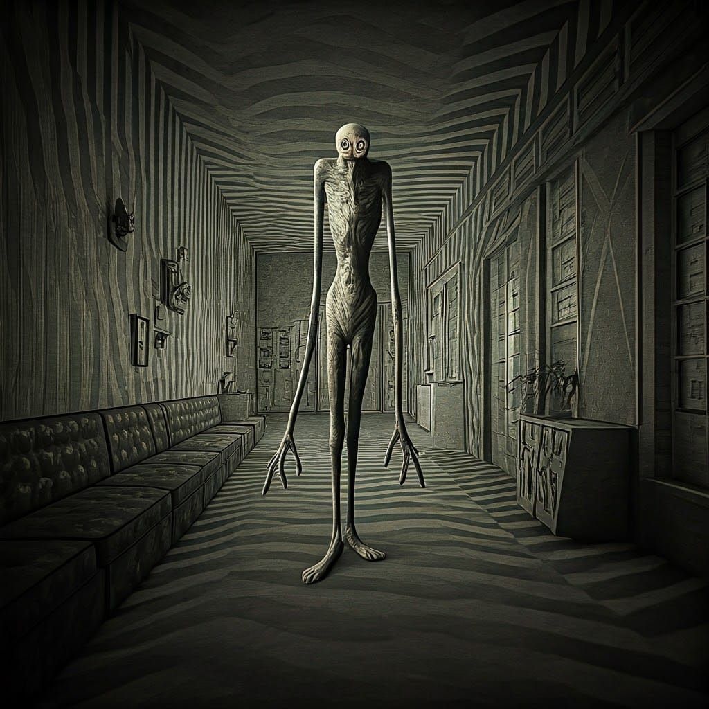 Surreal Creature in Recursive Op Art House