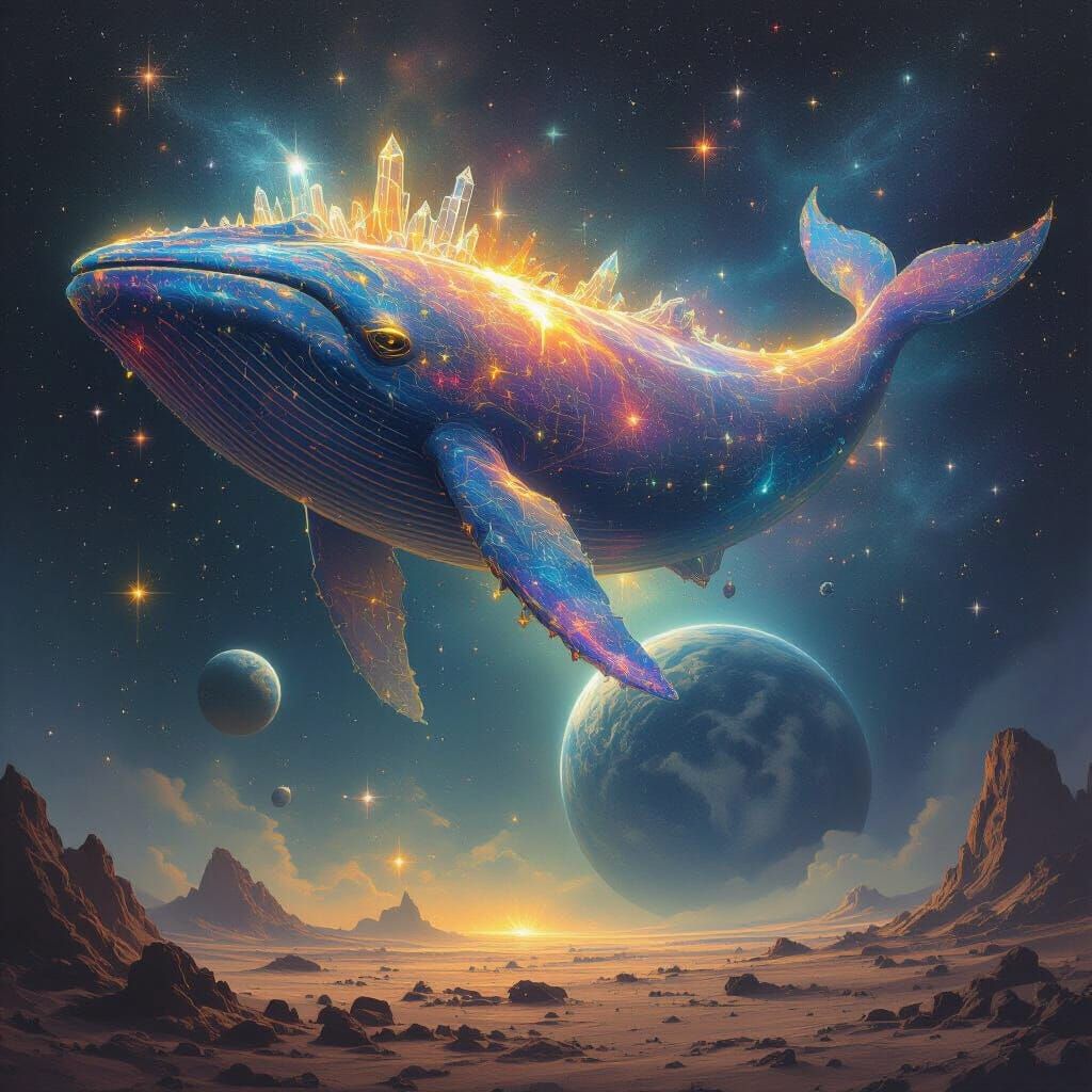 Cosmic Whale Glides Through Starry Void in Surreal Style