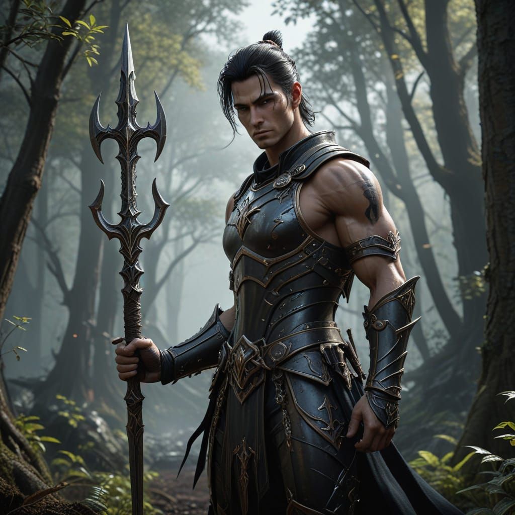 Elven Warrior with Trident in Dark Fantasy Forest