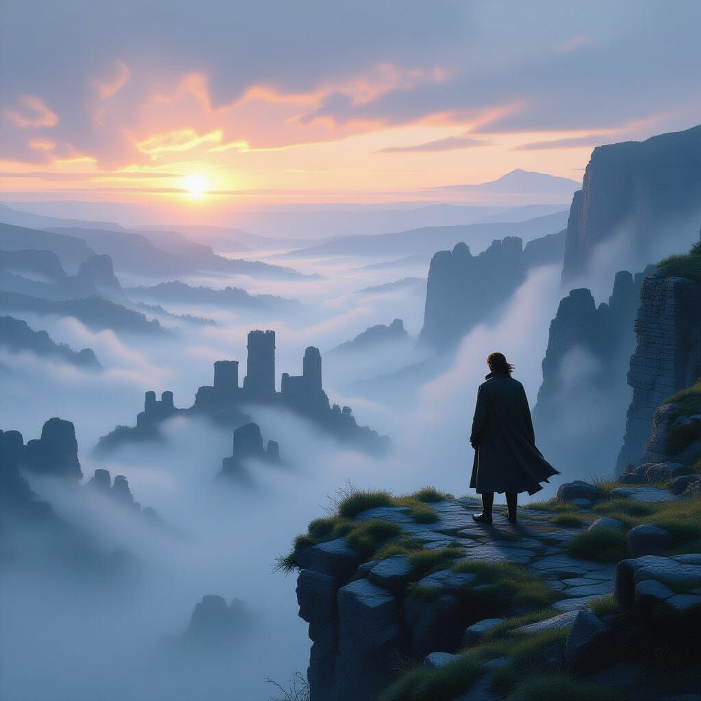 Man on Cliff Overlooking Misty Valley at Sunset