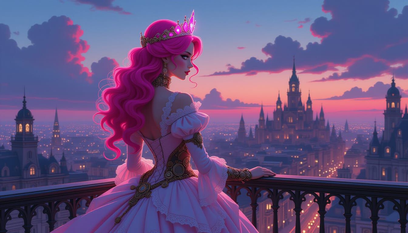 Steampunk Queen with Neon Pink Hair and Victorian City