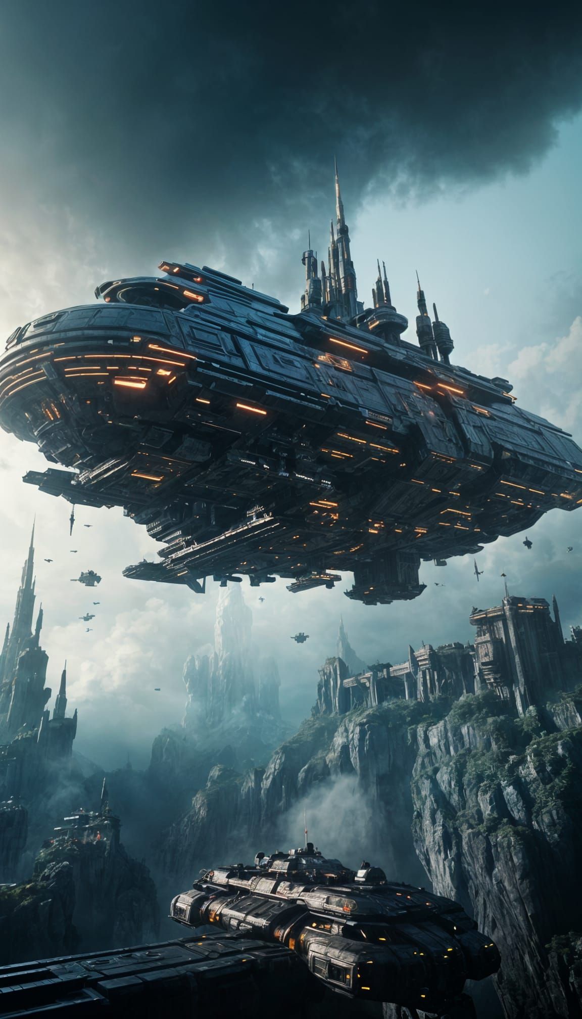 Futuristic Upside-Down Fortress and Spaceship in Sci-Fi Styl...