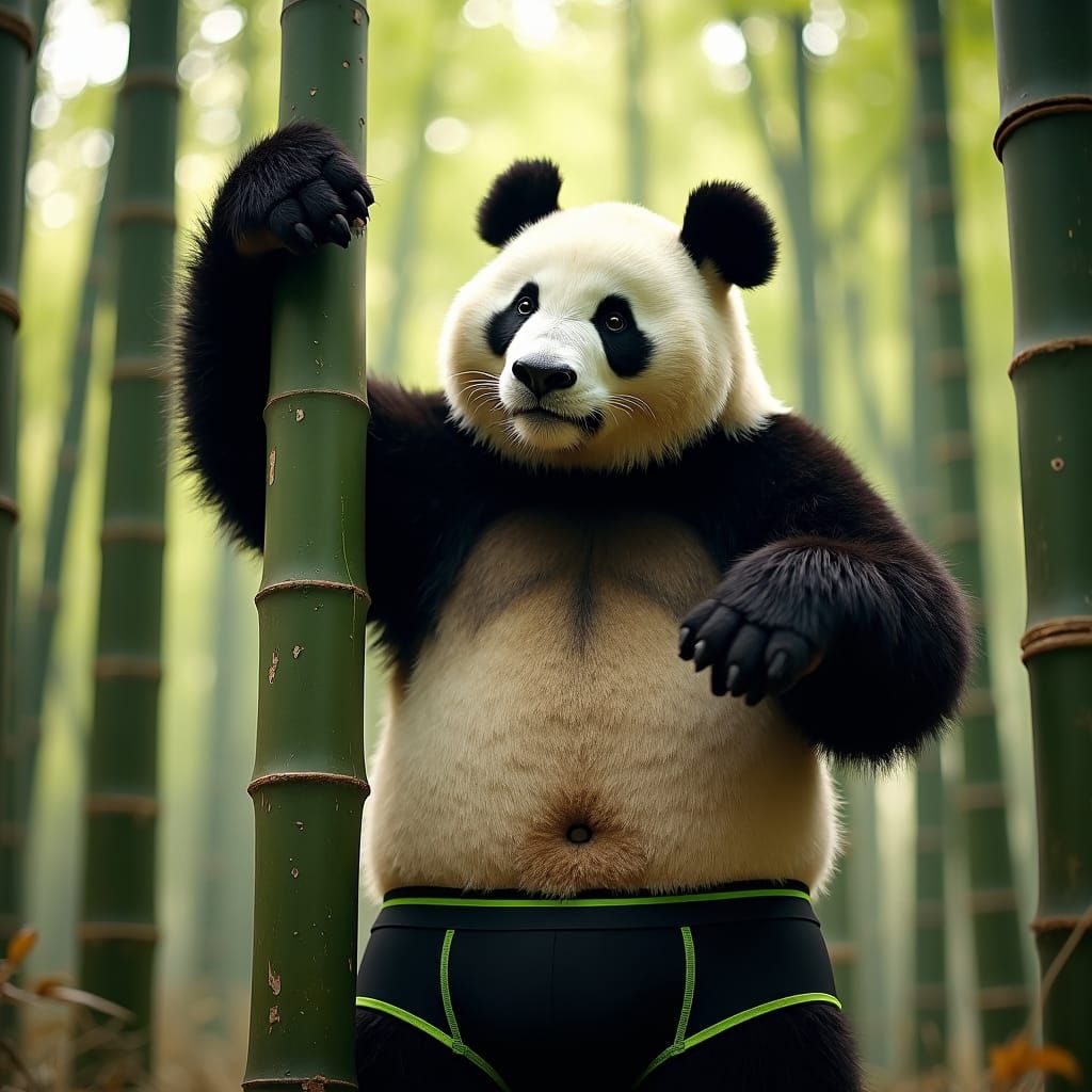 Playful Panda in Bamboo Forest: Cinematic Still