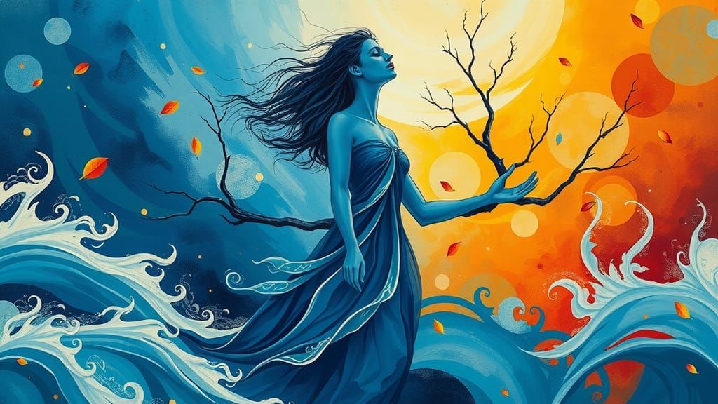 Serene Blue Goddess in Autumnal Blaze