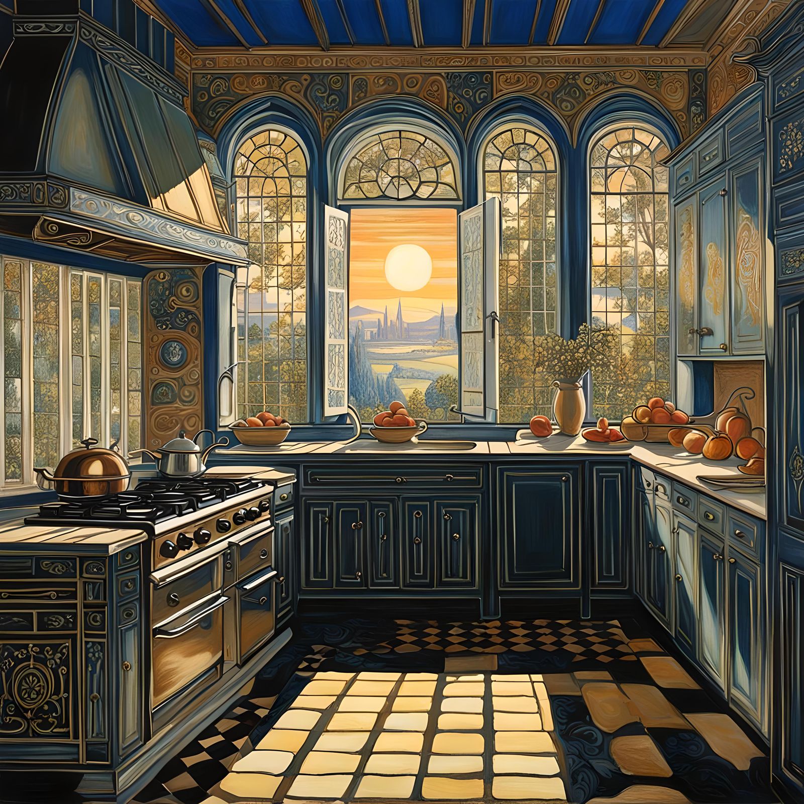 Sunlit Kitchen in Pre-Raphaelite Style