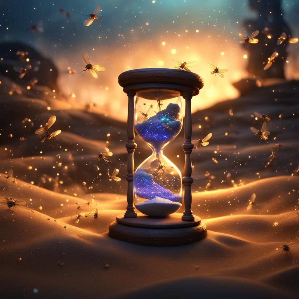 An hourglass with a sand that is made of tiny, glowing fireflies, creating a magical and enchanting display
