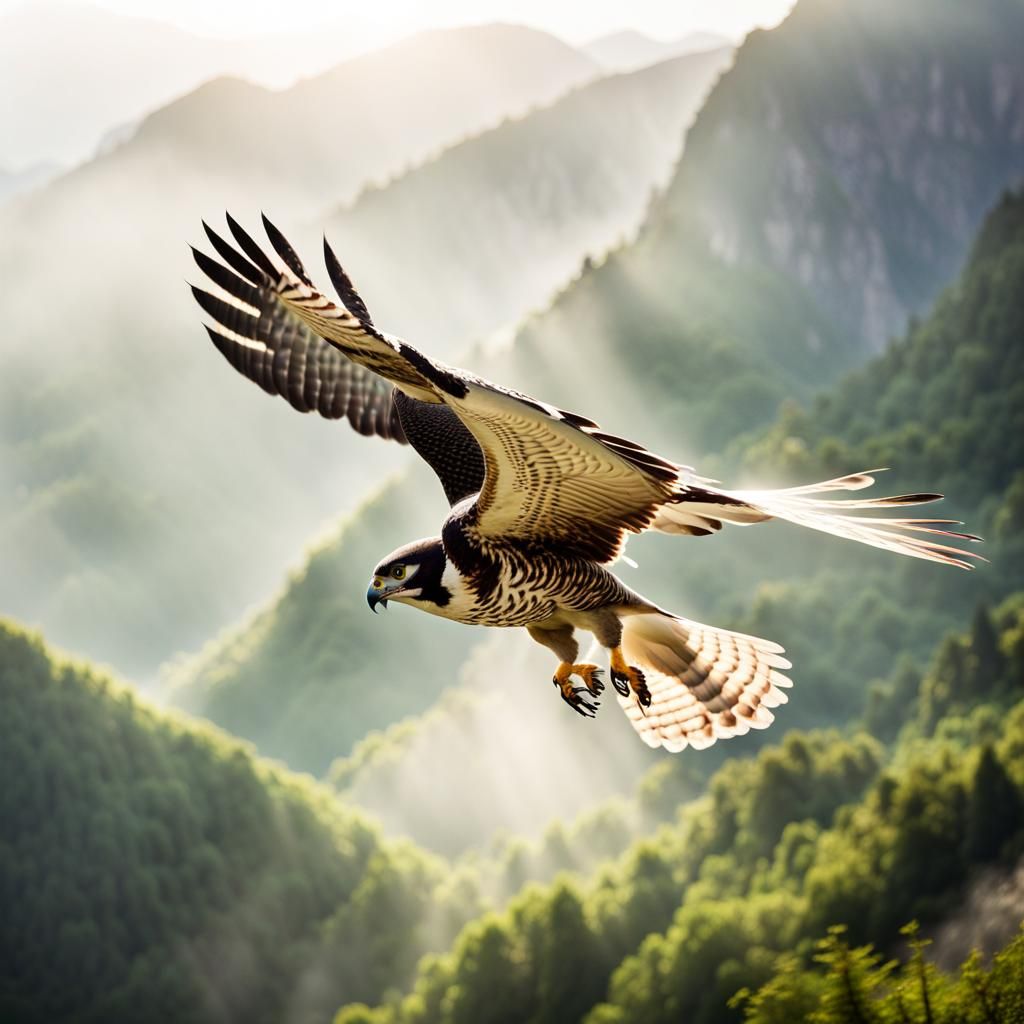 Majestic Falcon Soaring Through Misty Mountains
