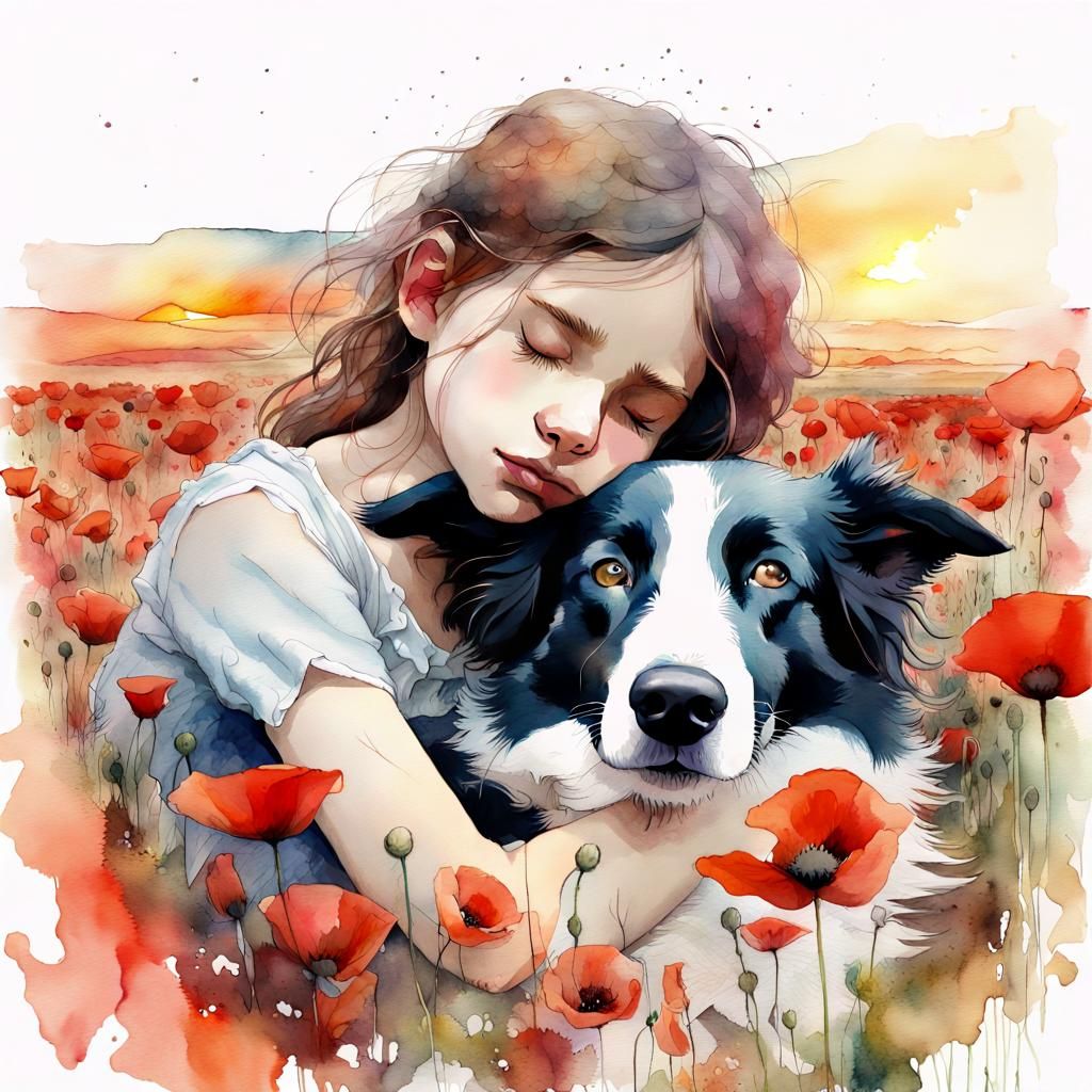 Girl and Border Collie in Poppies, Digital Watercolor