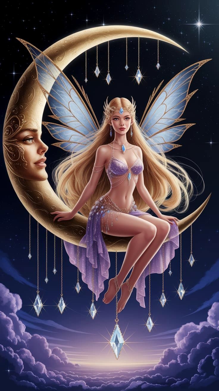 Ethereal Fairy Queen on Crescent Moon in the Night Sky