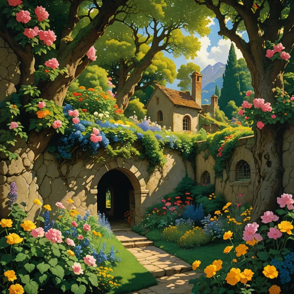 Blooming Garden View Through Wall, Golden Age Illustration