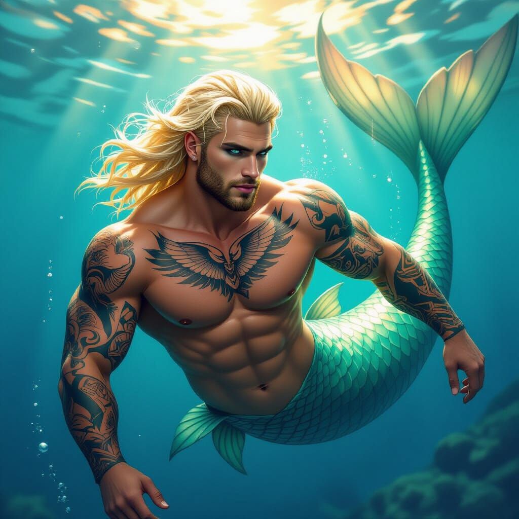 Muscular Merman with Tattoos in High Fantasy Style