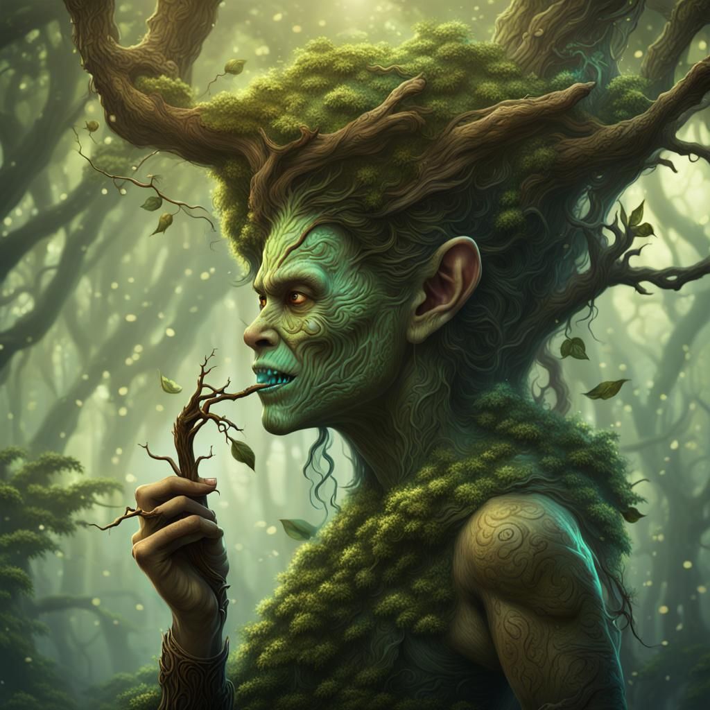 Dryad Brushing Teeth: Detailed Fantasy Concept Art