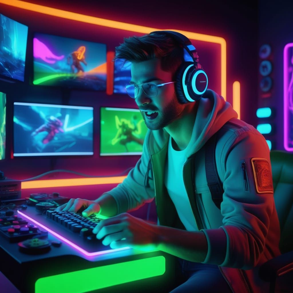 Energetic Gamer in a Futuristic Neon Lair