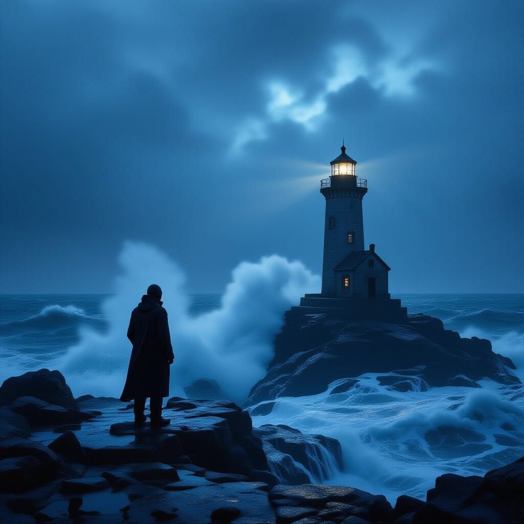 Lighthouse Keeper Gazes at Stormy Sea Digital Painting
