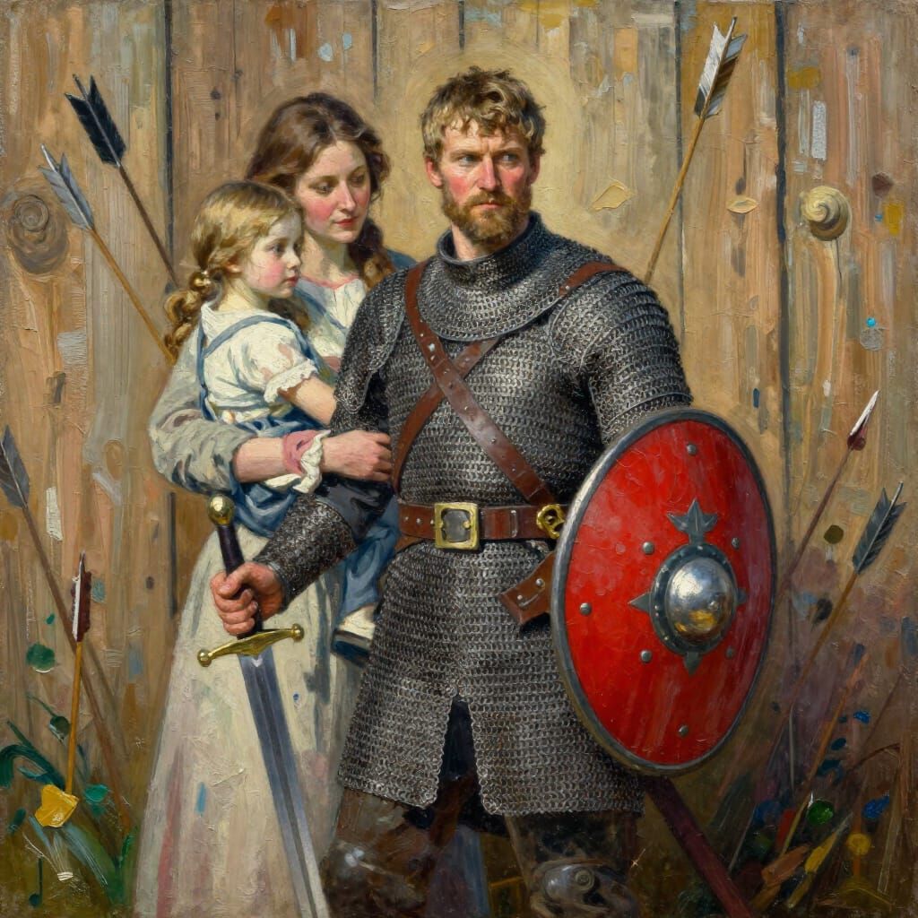 Epic Russian Hero with Sword and Shield in Gouache Style