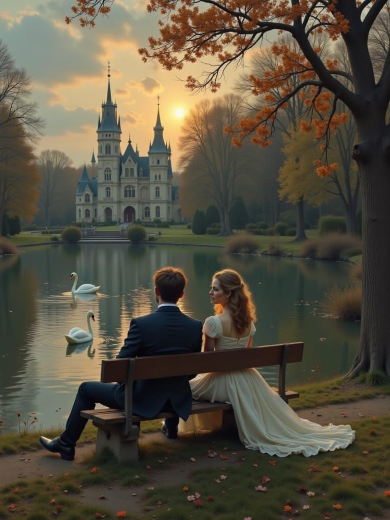 Woman Watches Swan by Castle at Golden Hour