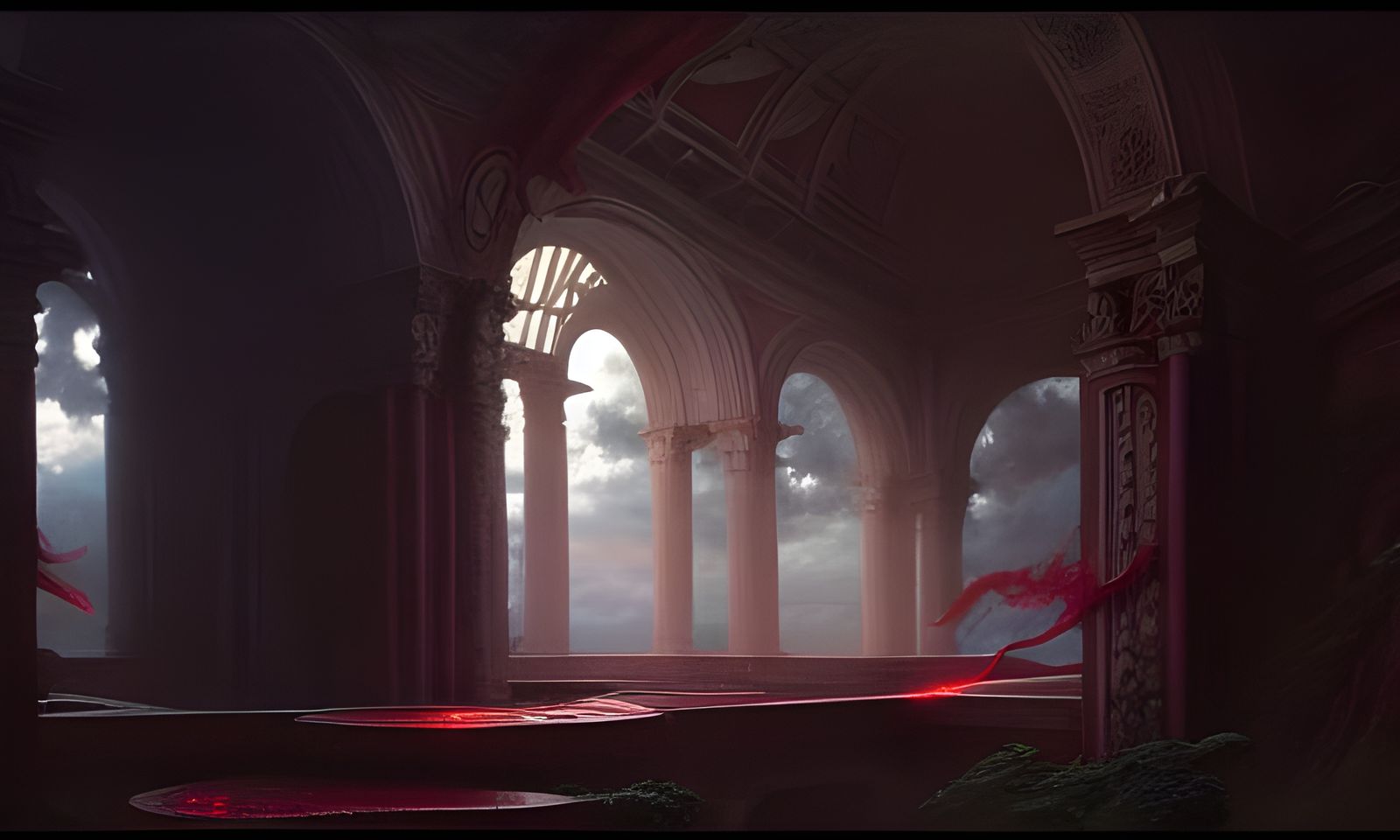 Ancient Ruins with Serpent and Red Waterfall