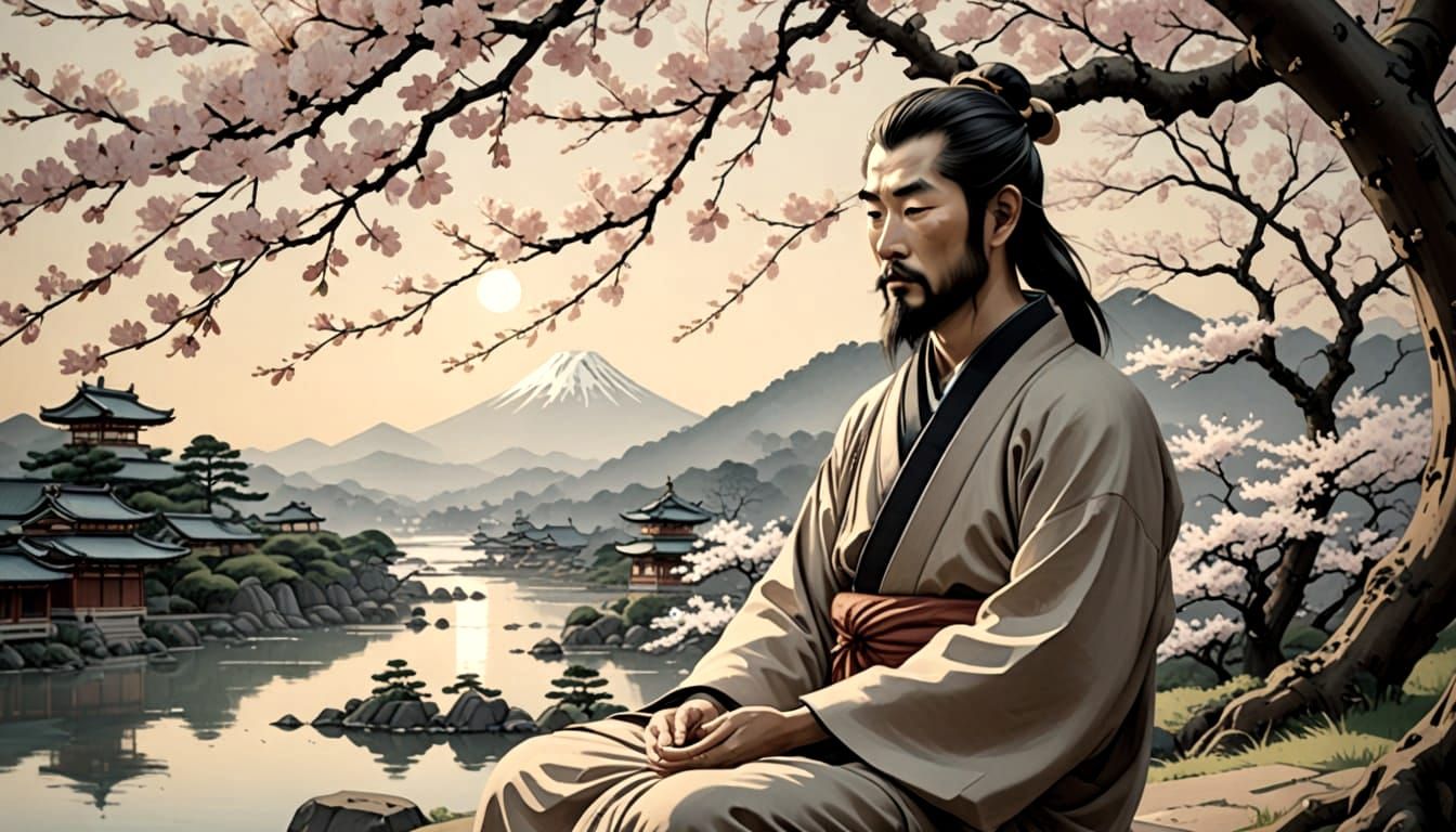 Serene Monk Meditates Beneath Cherry Blossom Tree in Ukiyo-E...