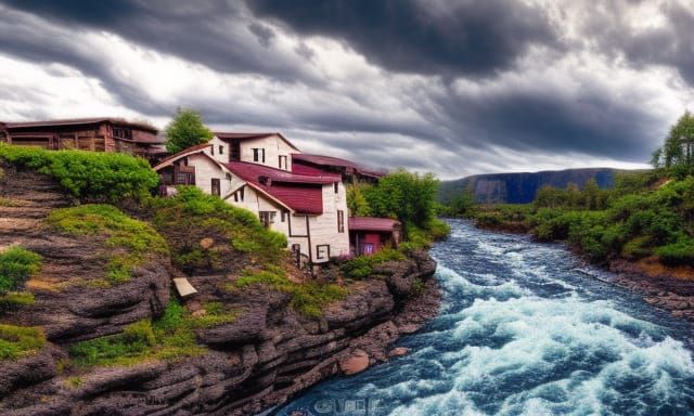 Picturesque Canyon River Village in High Definition