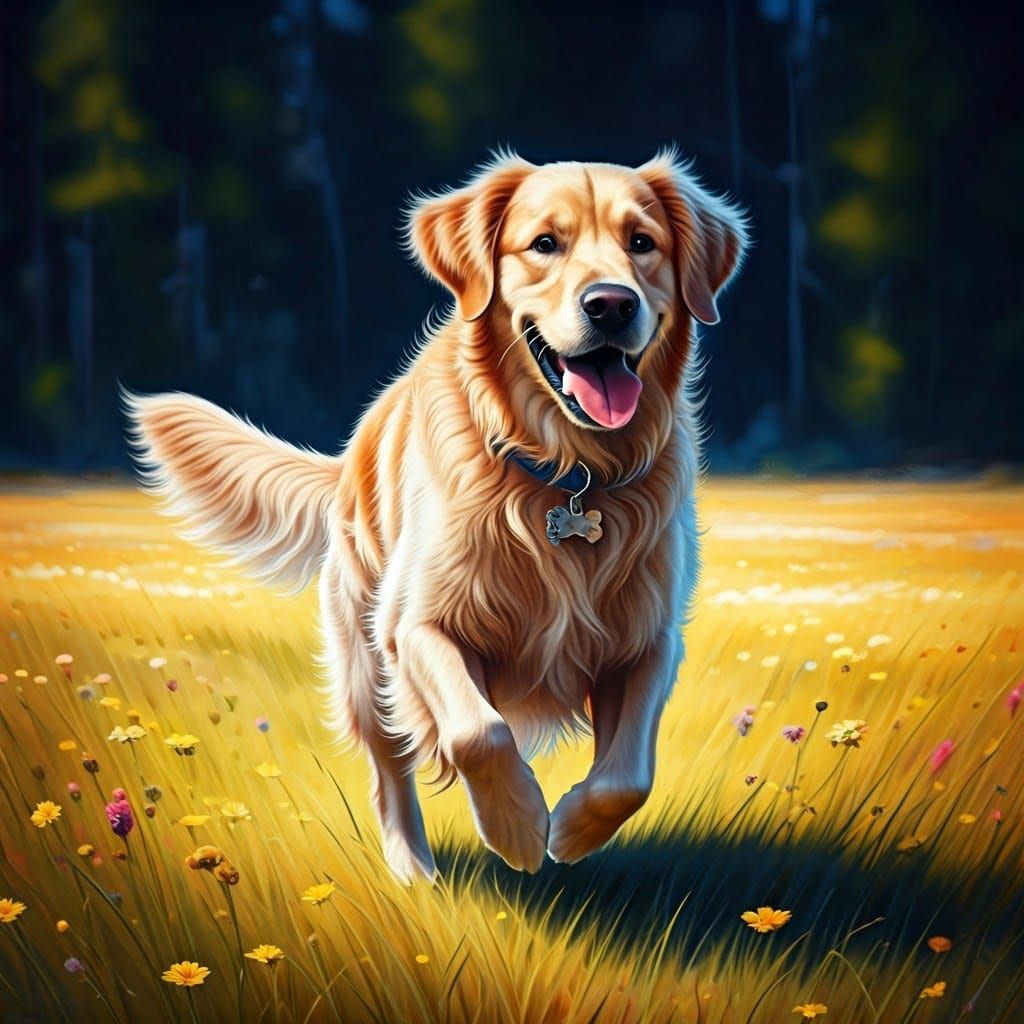 Golden Retriever Runs Through Wildflower Field