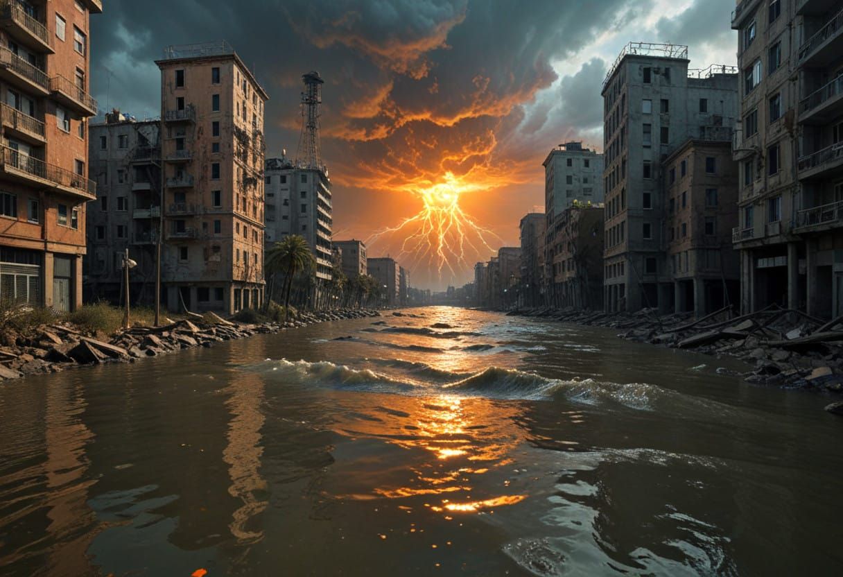 Radiant City Overwhelmed by Glowing Aqua Monstrosity in Toxi...