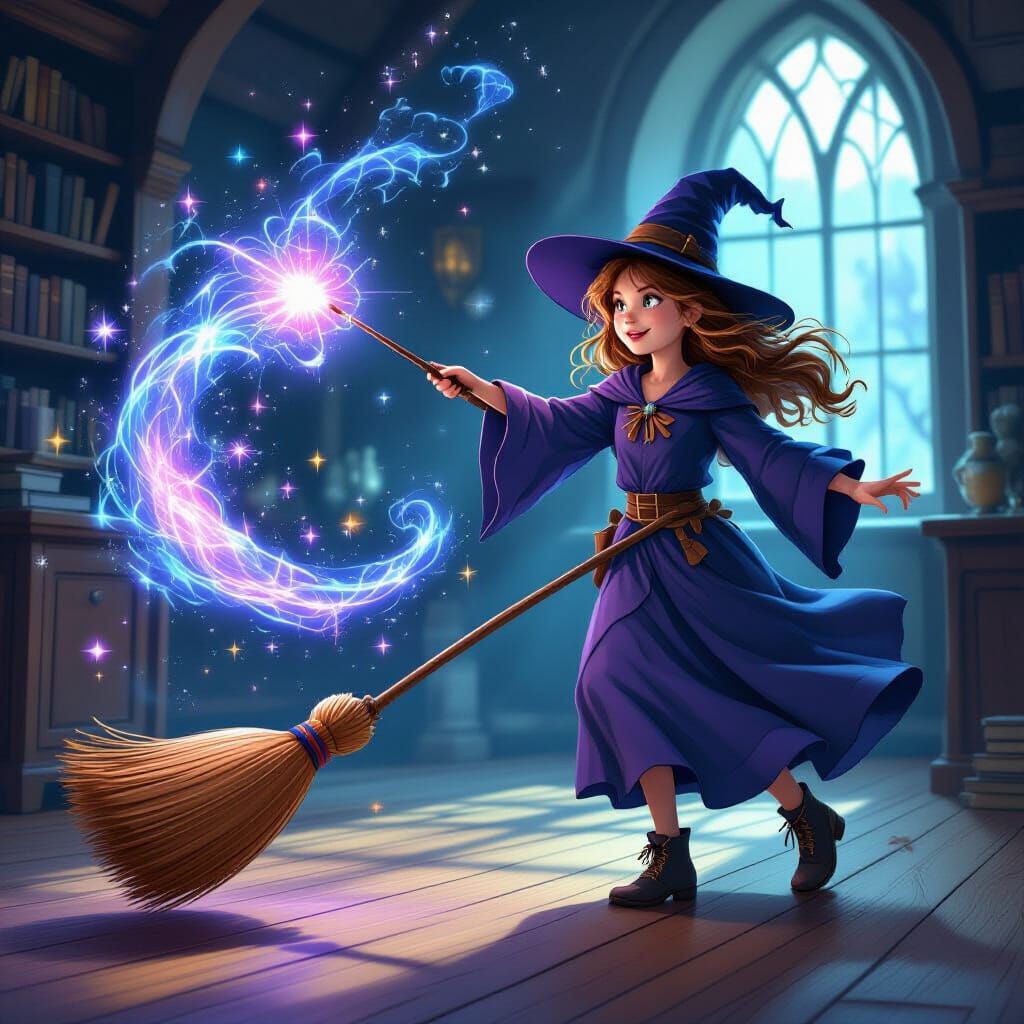 Young Witch Casting Magic with Floating Broom
