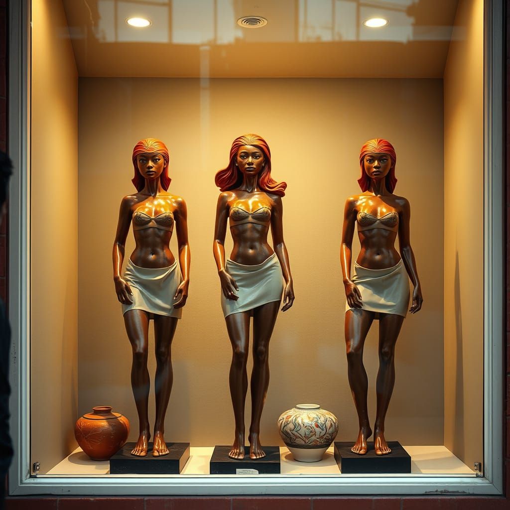 Art Deco Pottery Statuettes Behind Shop Window