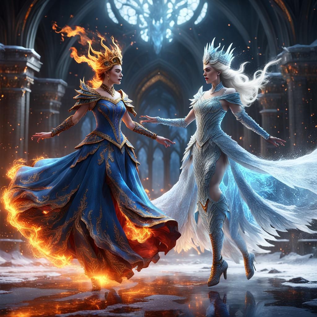 Fire Queen and Ice Queen Dance: Fantasy Concept Art