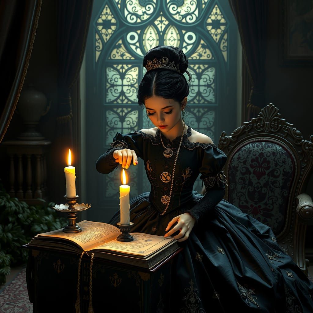 Elegant Gothic Princess in a Mysterious Victorian Study