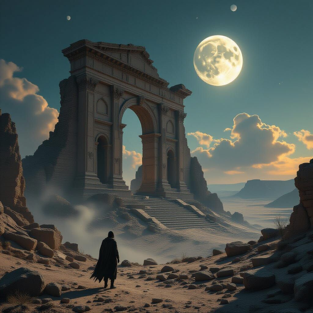 Explorer on Ruin Precipice Under Twin Moons